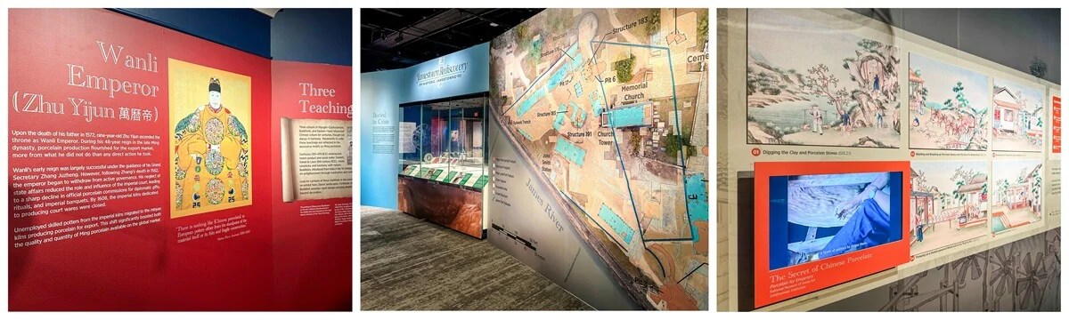 A collage of the floor to ceiling wall murals throughout the museum, including graphics and text that immerses the visitors.